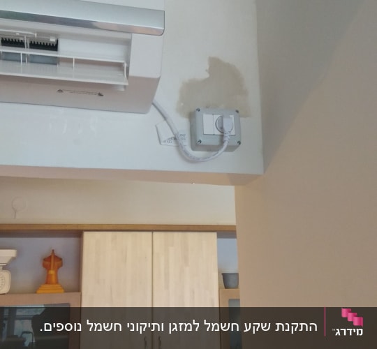 מזגן מותקן על קיר עם חיבור חשמלי גלוי